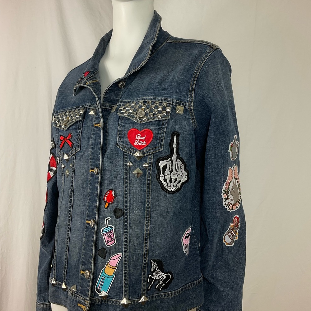 Embellished Patchwork Beaded Denim Jean Jacket Up… - image 1